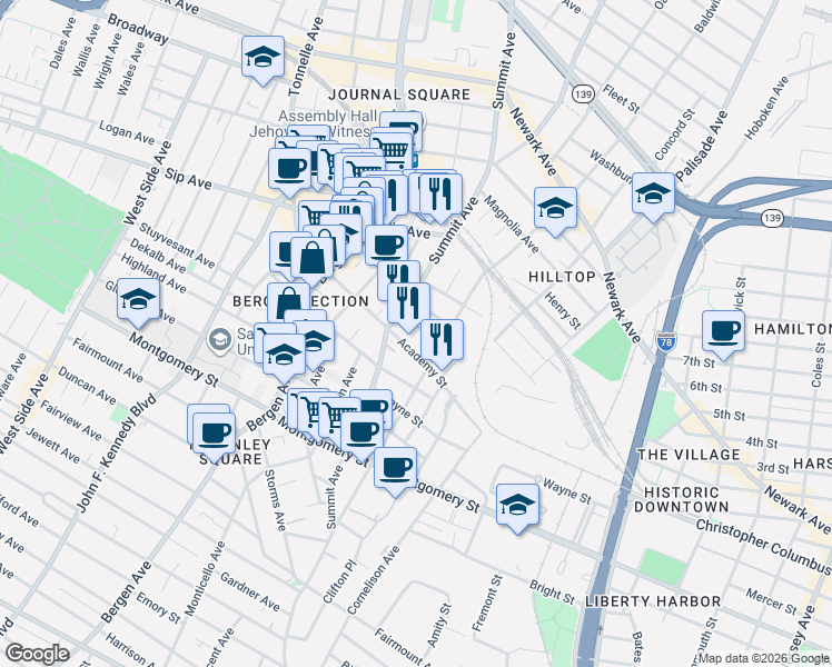 map of restaurants, bars, coffee shops, grocery stores, and more near 32 Rock Street in Jersey City