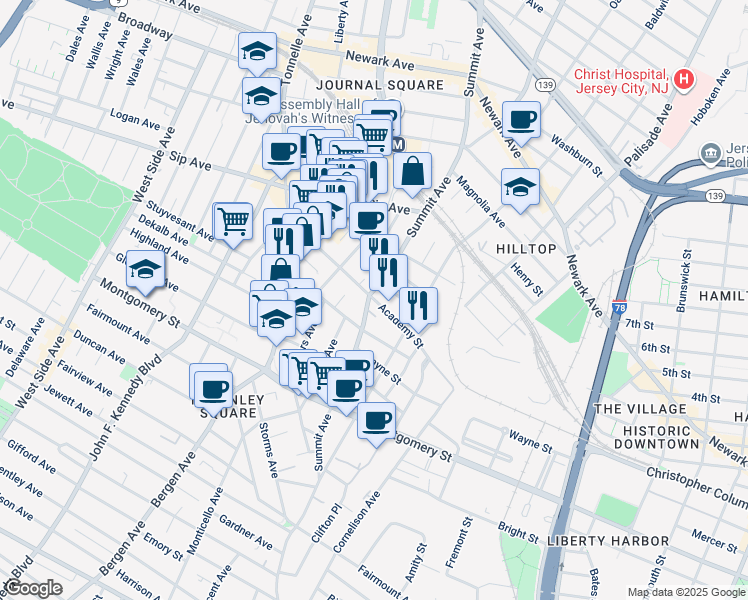 map of restaurants, bars, coffee shops, grocery stores, and more near 221 Academy Street in Jersey City