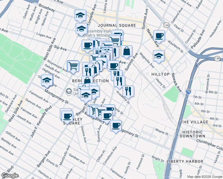 map of restaurants, bars, coffee shops, grocery stores, and more near 221 Academy Street in Jersey City