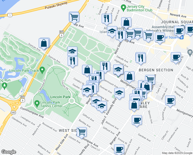 map of restaurants, bars, coffee shops, grocery stores, and more near 208 Olean Avenue in Jersey City