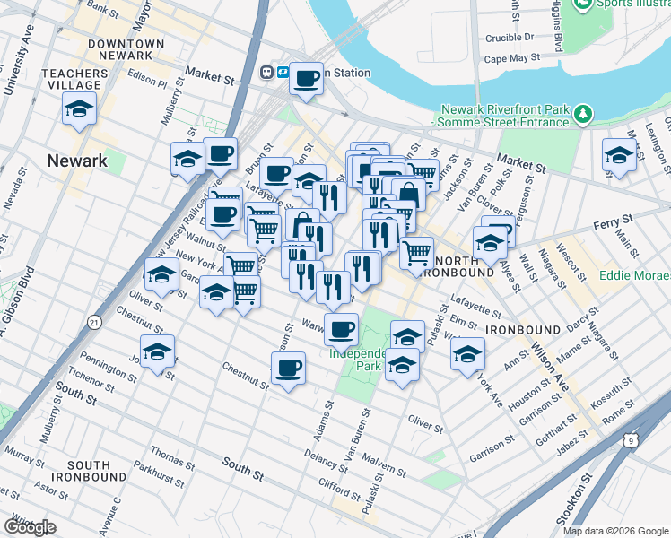 map of restaurants, bars, coffee shops, grocery stores, and more near 252-272 Lafayette Street in Newark