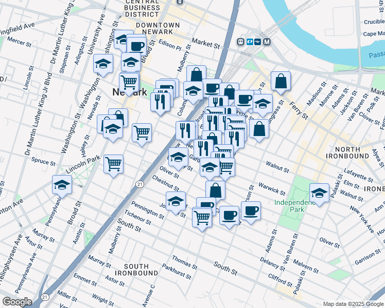 map of restaurants, bars, coffee shops, grocery stores, and more near 23 New York Avenue in Newark