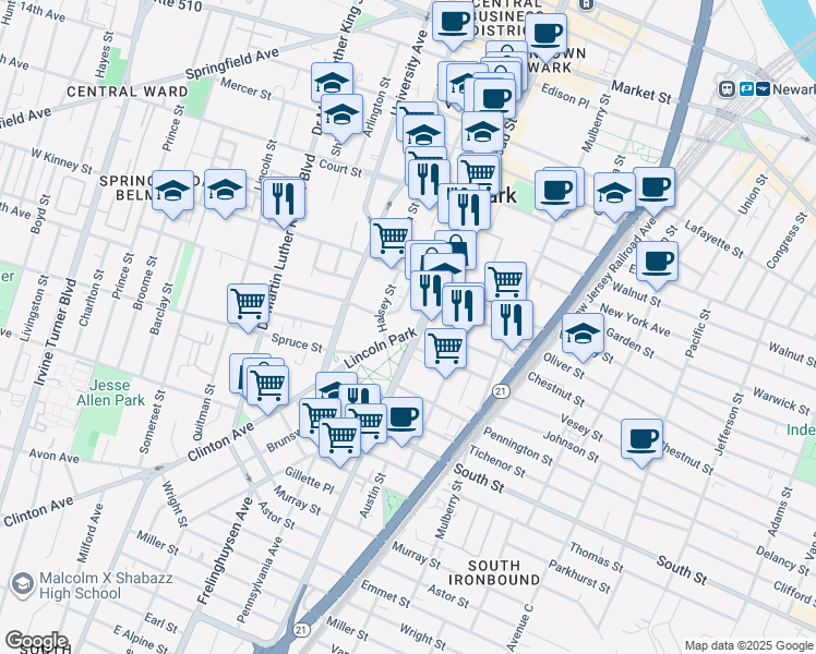 map of restaurants, bars, coffee shops, grocery stores, and more near 420-424 Halsey Street in Newark