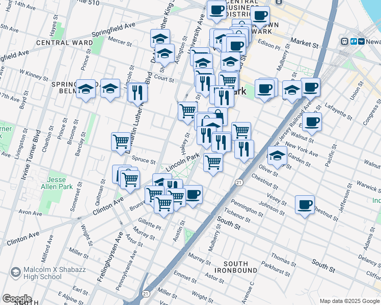 map of restaurants, bars, coffee shops, grocery stores, and more near 420-424 Halsey Street in Newark
