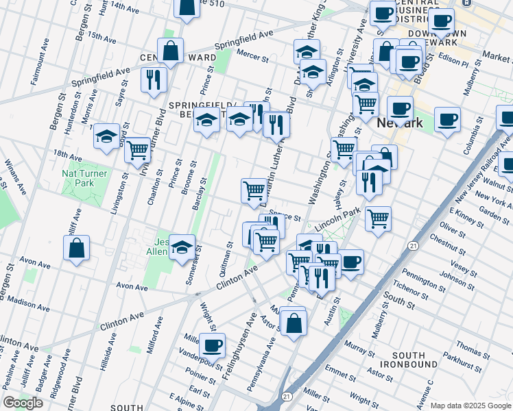 map of restaurants, bars, coffee shops, grocery stores, and more near 74b Quitman Street in Newark