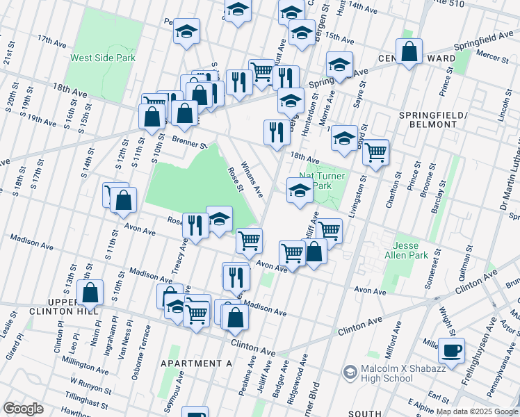 map of restaurants, bars, coffee shops, grocery stores, and more near 94-98 Winans Avenue in Newark