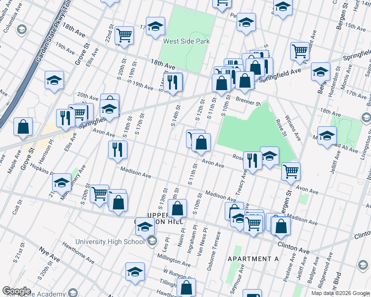map of restaurants, bars, coffee shops, grocery stores, and more near 739 South 12th Street in Newark