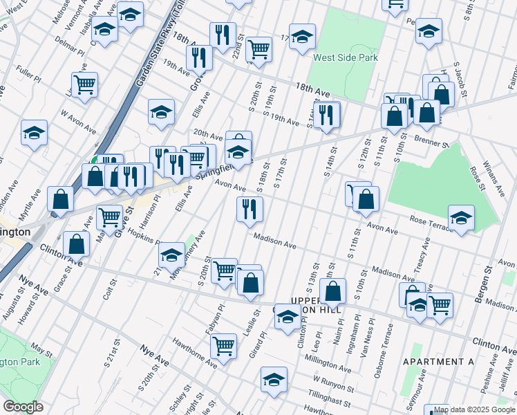 map of restaurants, bars, coffee shops, grocery stores, and more near 460 Avon Avenue in Newark