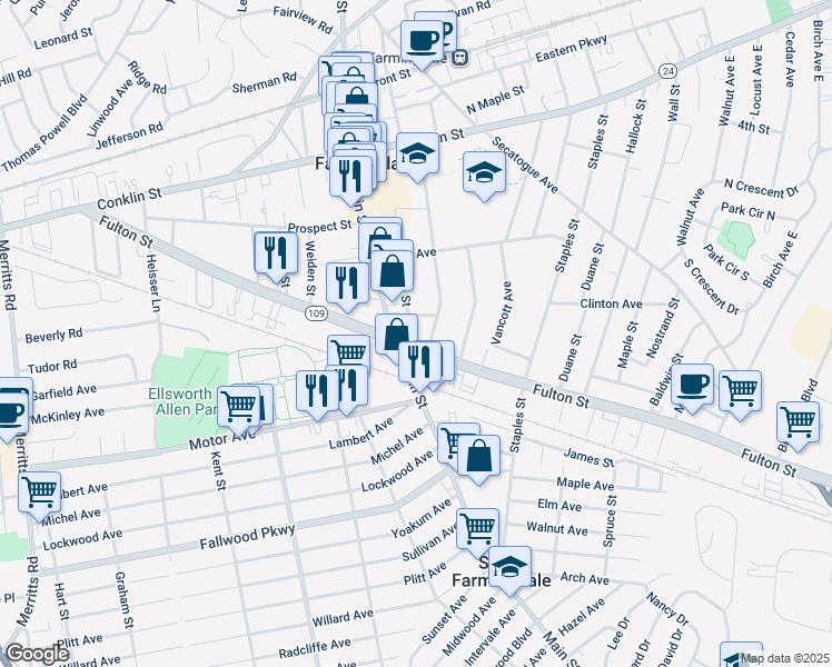 map of restaurants, bars, coffee shops, grocery stores, and more near 42 Richard Street in Farmingdale