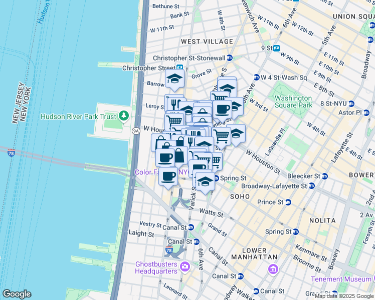 map of restaurants, bars, coffee shops, grocery stores, and more near 375 Hudson Street in New York