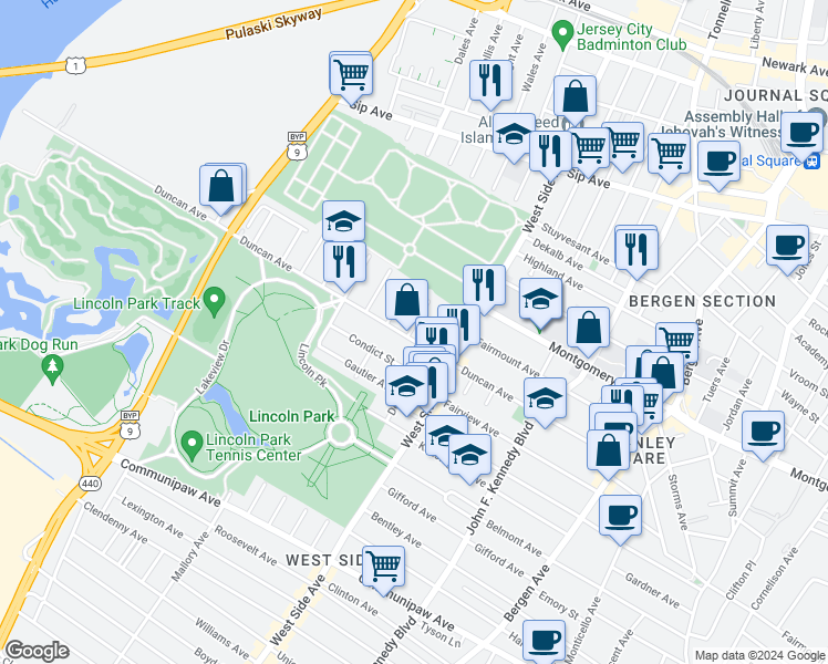 map of restaurants, bars, coffee shops, grocery stores, and more near 208 Olean Avenue in Jersey City