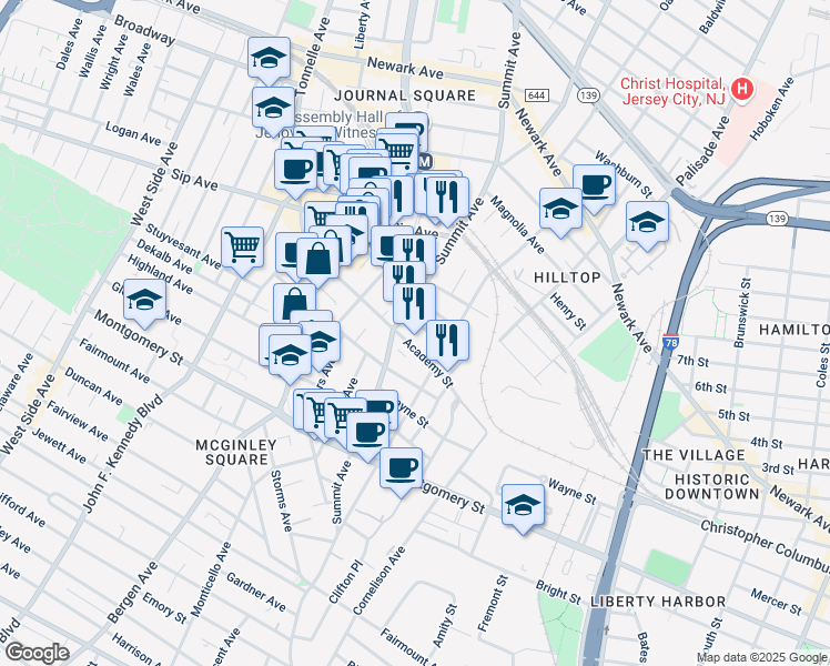 map of restaurants, bars, coffee shops, grocery stores, and more near 32 Rock Street in Jersey City