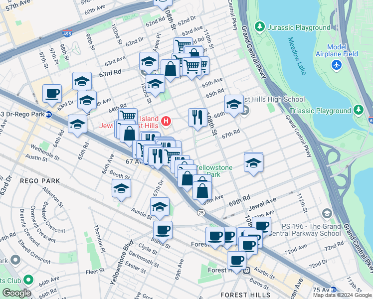 map of restaurants, bars, coffee shops, grocery stores, and more near 67-12 Yellowstone Boulevard in Queens
