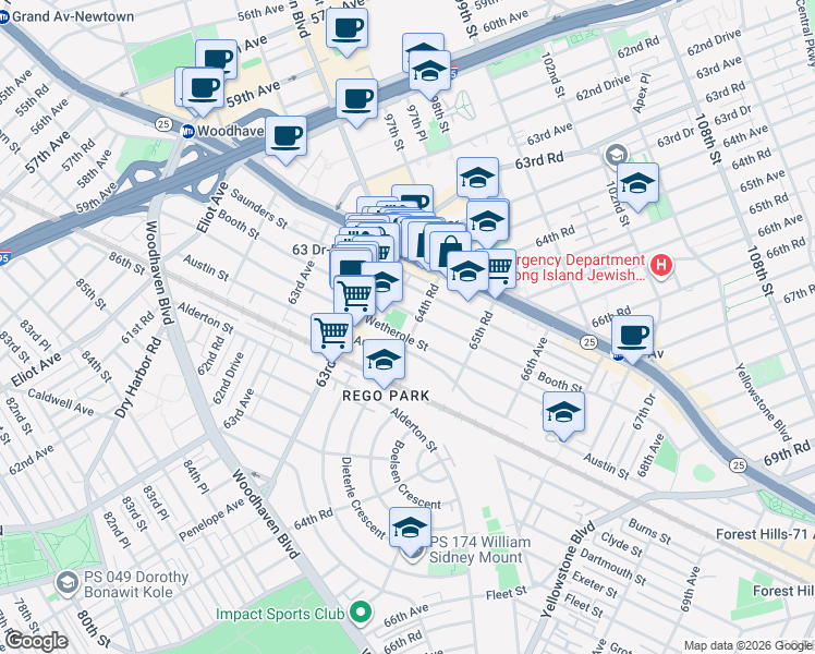 map of restaurants, bars, coffee shops, grocery stores, and more near 94-01 64th Road in Queens