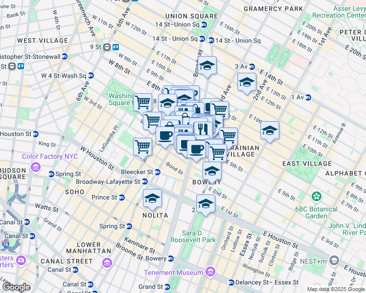 map of restaurants, bars, coffee shops, grocery stores, and more near 29 East 4th Street in New York
