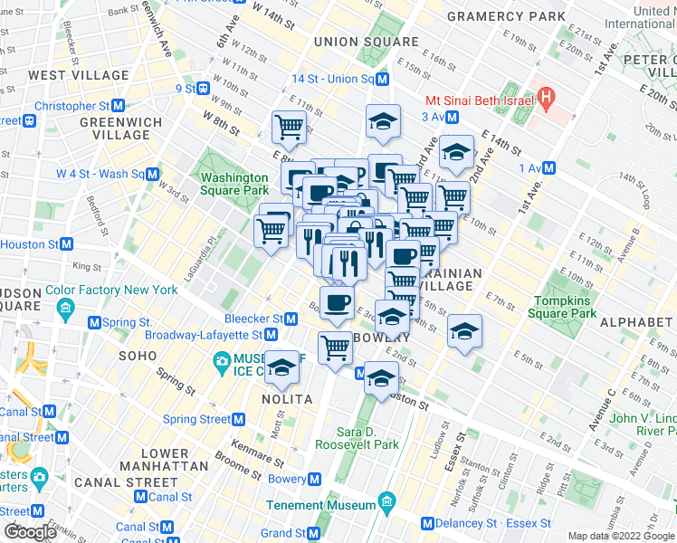 map of restaurants, bars, coffee shops, grocery stores, and more near 29 East 4th Street in New York