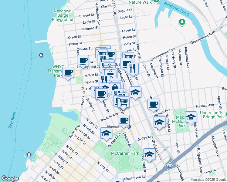 map of restaurants, bars, coffee shops, grocery stores, and more near 802 Manhattan Avenue in Brooklyn