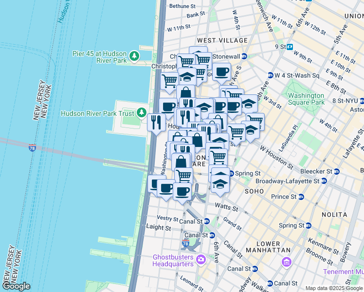 map of restaurants, bars, coffee shops, grocery stores, and more near in New York