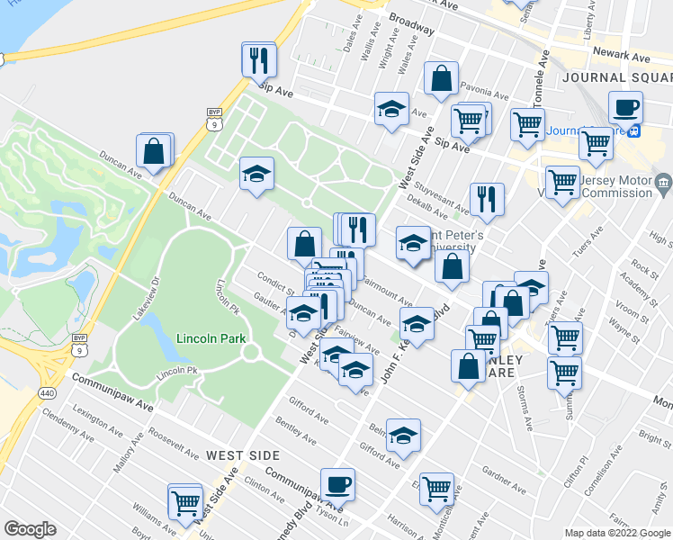 map of restaurants, bars, coffee shops, grocery stores, and more near 198 Delaware Avenue in Jersey City