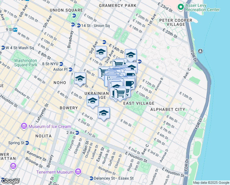 map of restaurants, bars, coffee shops, grocery stores, and more near 246 East 10th Street in New York
