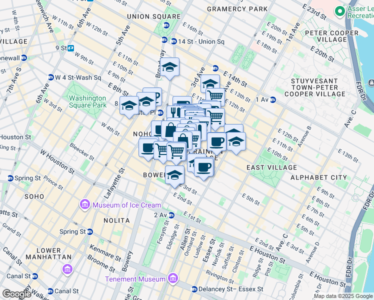 map of restaurants, bars, coffee shops, grocery stores, and more near 40 East 7th Street in New York