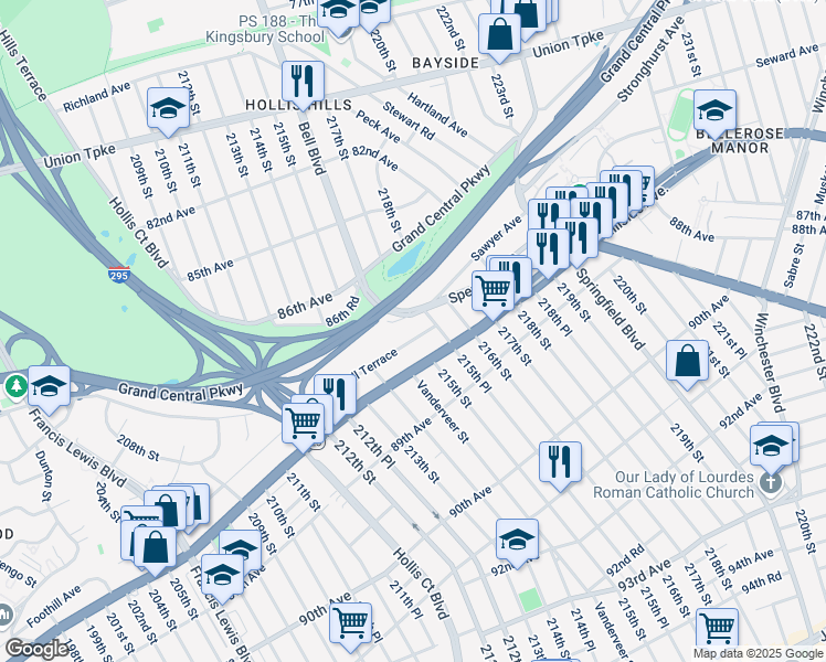 map of restaurants, bars, coffee shops, grocery stores, and more near 87-04 215th Place in Queens