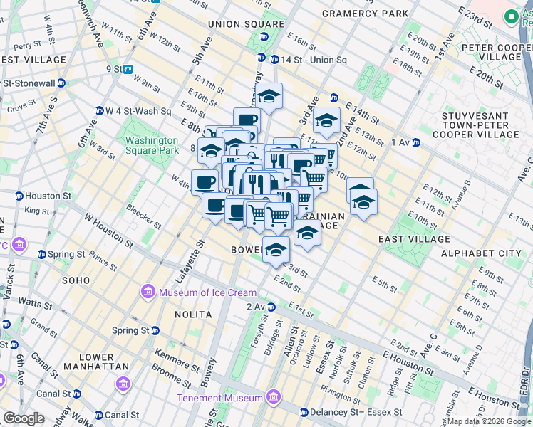 map of restaurants, bars, coffee shops, grocery stores, and more near 31 Cooper Square in New York