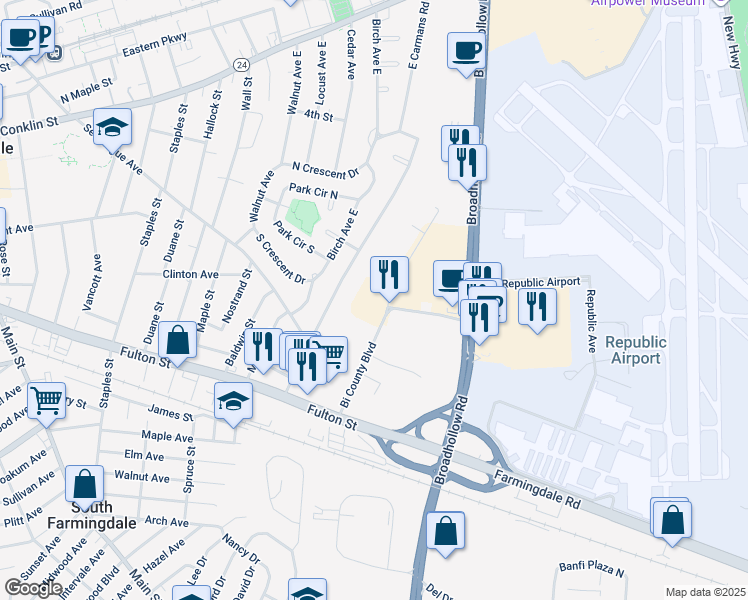 map of restaurants, bars, coffee shops, grocery stores, and more near 127 East Carmans Road in Farmingdale