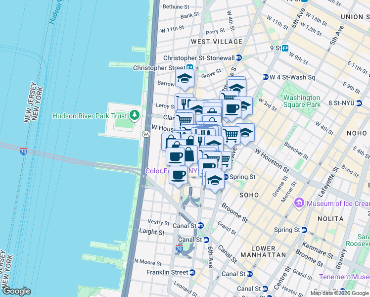 map of restaurants, bars, coffee shops, grocery stores, and more near 345 Hudson Street in New York