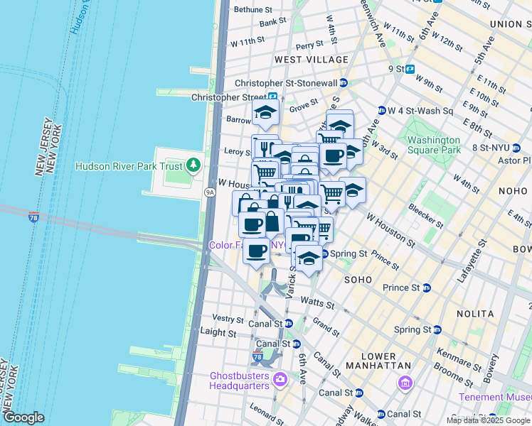 map of restaurants, bars, coffee shops, grocery stores, and more near 345 Hudson Street in New York