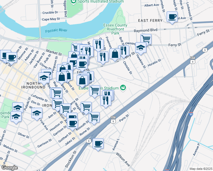 map of restaurants, bars, coffee shops, grocery stores, and more near 63 Saint Charles Street in Newark