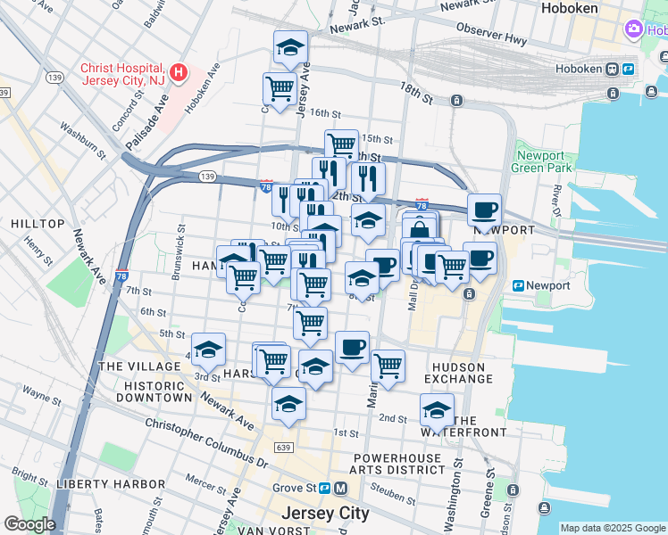 map of restaurants, bars, coffee shops, grocery stores, and more near 158 Erie Street in Jersey City