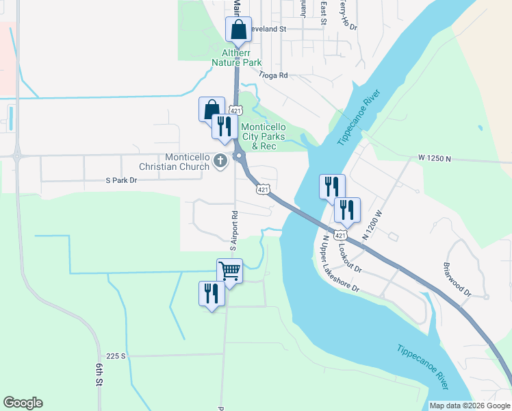 map of restaurants, bars, coffee shops, grocery stores, and more near 298 Brittany Lane in Monticello