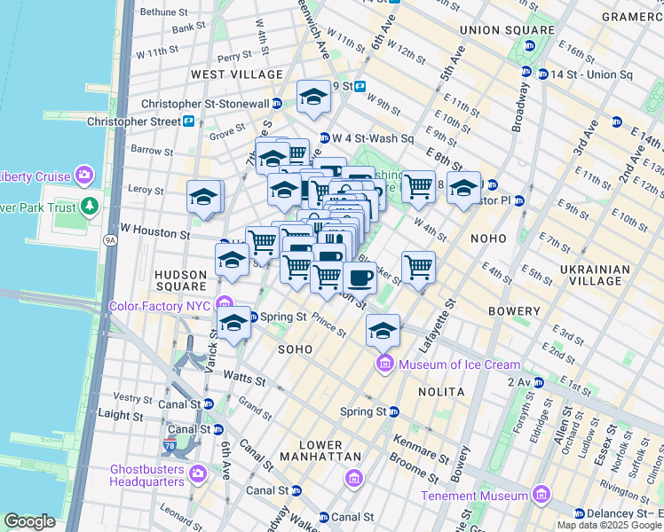 map of restaurants, bars, coffee shops, grocery stores, and more near 145 Bleecker Street in New York