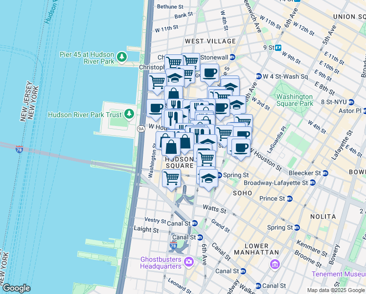 map of restaurants, bars, coffee shops, grocery stores, and more near 350 Hudson Street in New York