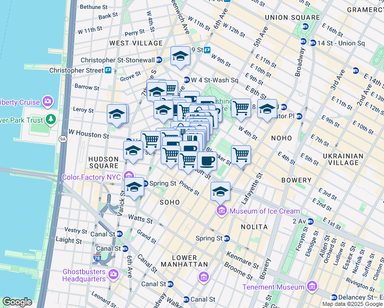 map of restaurants, bars, coffee shops, grocery stores, and more near 170 Thompson Street in New York