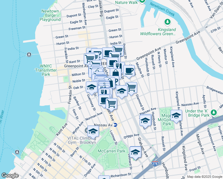 map of restaurants, bars, coffee shops, grocery stores, and more near 257 Eckford Street in Brooklyn