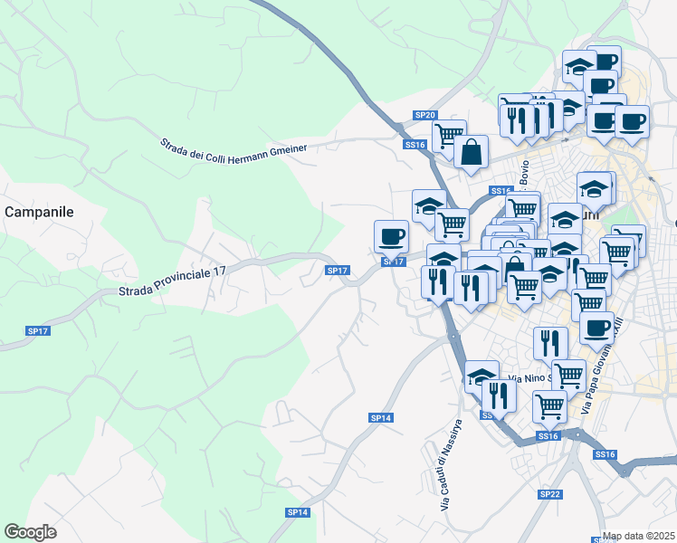 map of restaurants, bars, coffee shops, grocery stores, and more near Strada Provinciale 17 in Provincia di Brindisi
