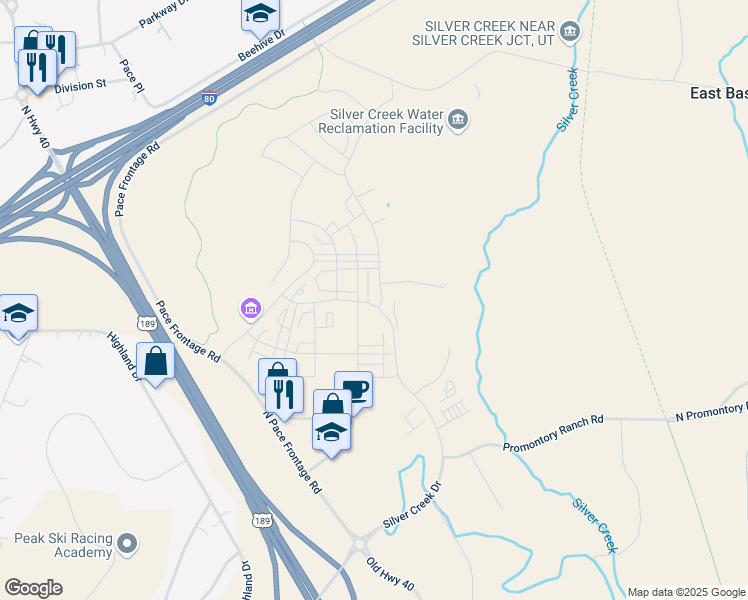 map of restaurants, bars, coffee shops, grocery stores, and more near 6672 Woods Rose Drive in Park City