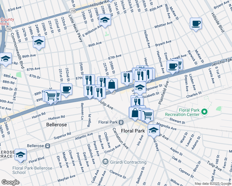 map of restaurants, bars, coffee shops, grocery stores, and more near 119 New York 25 in Floral Park