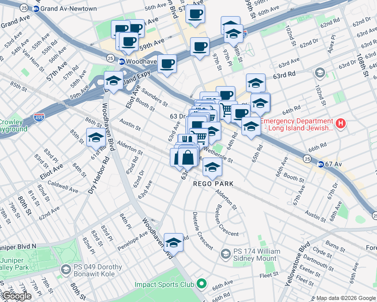map of restaurants, bars, coffee shops, grocery stores, and more near 63-43 Austin Street in Queens