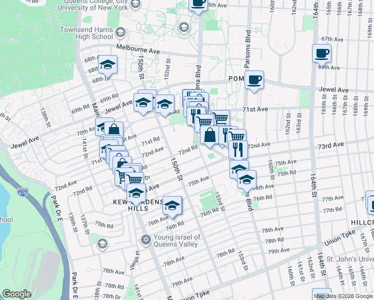 map of restaurants, bars, coffee shops, grocery stores, and more near 150-29 72nd Road in Queens