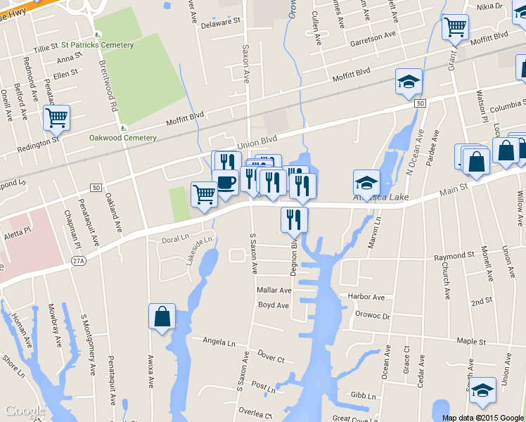 map of restaurants, bars, coffee shops, grocery stores, and more near 456 Montauk Highway in West Islip