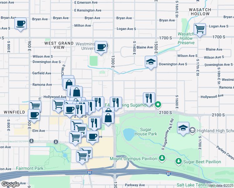map of restaurants, bars, coffee shops, grocery stores, and more near 1945 South 1300 East in Salt Lake City