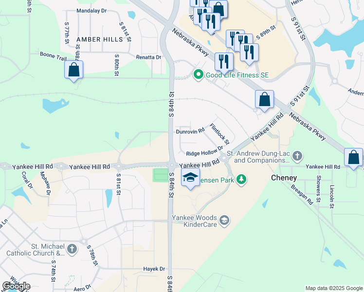 map of restaurants, bars, coffee shops, grocery stores, and more near 8331 Flintlock Circle in Lincoln