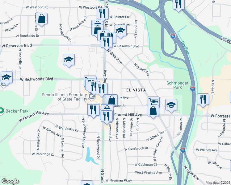map of restaurants, bars, coffee shops, grocery stores, and more near 3312 North Stanley Street in Peoria