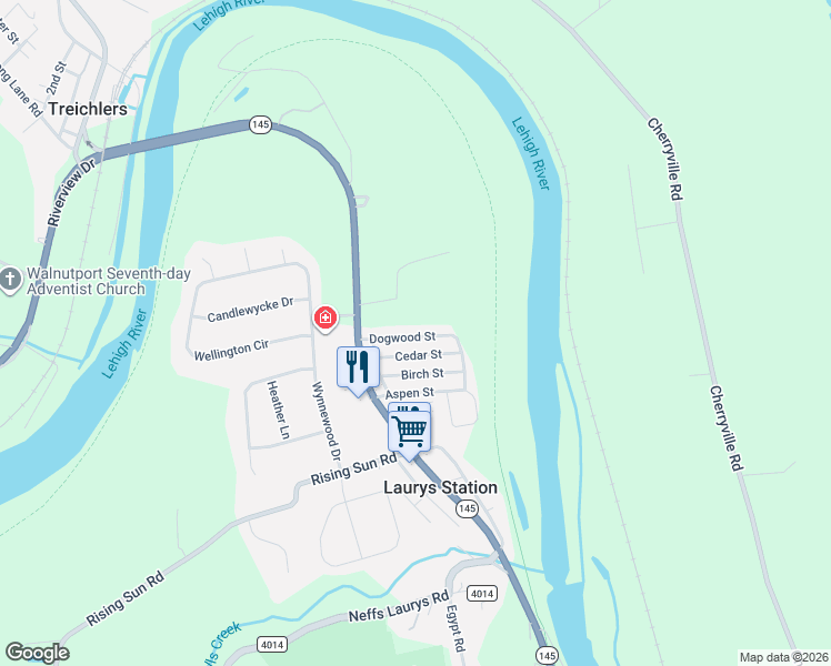 map of restaurants, bars, coffee shops, grocery stores, and more near 1053 Dogwood Street in Laurys Station