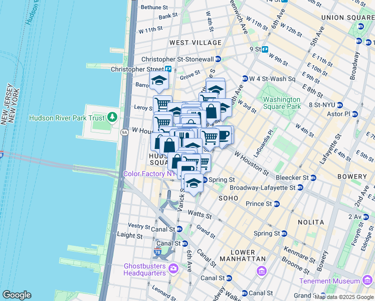 map of restaurants, bars, coffee shops, grocery stores, and more near 180 Varick Street in New York