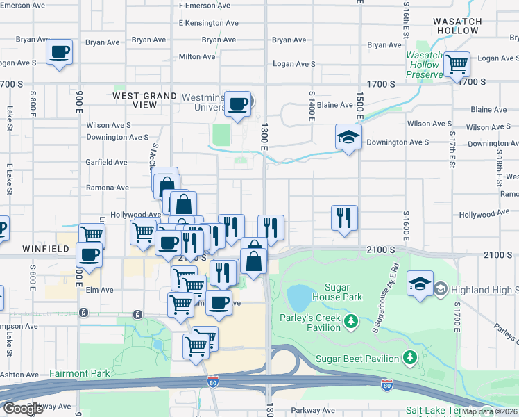 map of restaurants, bars, coffee shops, grocery stores, and more near 1945 South 1300 East in Salt Lake City