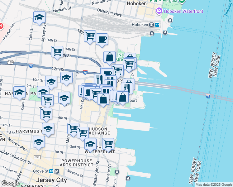 map of restaurants, bars, coffee shops, grocery stores, and more near 540 Washington Boulevard in Jersey City